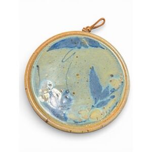 Handmade Studio Art Pottery Trivet Blue Round Signed "Aleak" Boho Kitchen